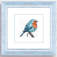 A framed embroidered picture showing a bird with blue and orange feathers sitting on a branch. The bird stands out against a white background and the square frame has a light blue and white color scheme. This embroidery pack from Luca-s is neatly centered in the hoop and features intricate stitch details.