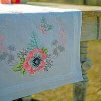 Vervaco stamped cross stitch kit tablechloth "Pastellblumen", 40x100cm, DIY