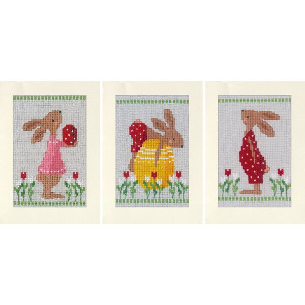 Vervaco Набор для вышивания крестом Поздравительные открытки "Пасхальные кролики в саду тюльпанов" Набор из 3, счетная схема, 10,5x15см