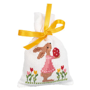 Vervaco herbal bags counted cross stitch kit "Easter rabbits in Tulpip garden" Set of 3, 8x12cm, DIY