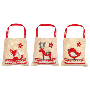 Vervaco bags counted cross stitch kit "Christmas animals" Set of 2, 9x9cm, DIY