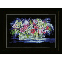 A Lanarte embroidery pack artwork featuring a vibrant bouquet of pink, purple and white flowers against a black background. The flowers are arranged in a rectangular glass vase that reflects the light and creates a shimmering effect. The piece is framed with a black mat and a thin gold border.