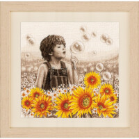 Vervaco counted cross stitch kit "Boy with sunflowers", 33x33cm, DIY
