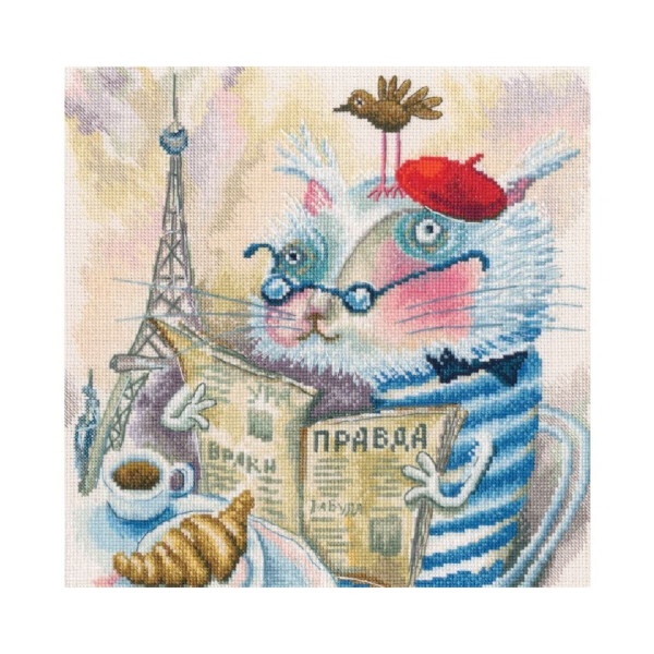 RTO Набор для вышивания крестом "Кот, читающий книгу в Париже", графский узор, 23,5x23,5см