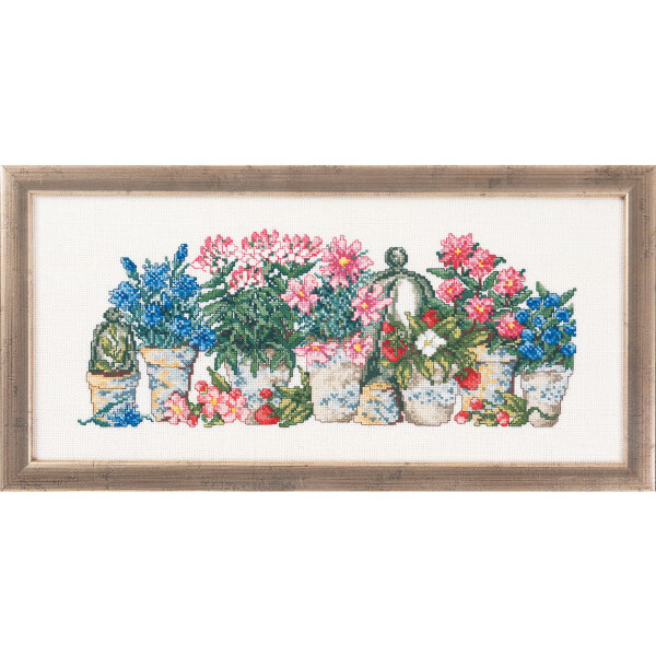 Permin Kreuzstich Stickpackung "Pink/blaue Blumen", Zählmuster, 38x17cm, 12-5185