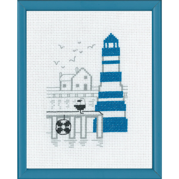 Set de punto de cruz Permin "Lighthouse blue", patrón de conteo, 18x14cm, 13-7122