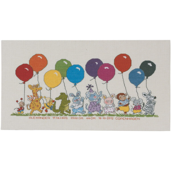 Permin Kreuzstich Stickpackung "Tiere mit Ballons", Zählmuster, 22x42cm, 92-0396