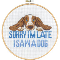 Permin counted cross stitch kit with hoop "Sorry I´m late", Diam. 20cm, DIY, 92-2122