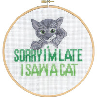 Permin counted cross stitch kit with hoop "Sorry I´m late Cat", Diam. 20cm, DIY, 92-2123