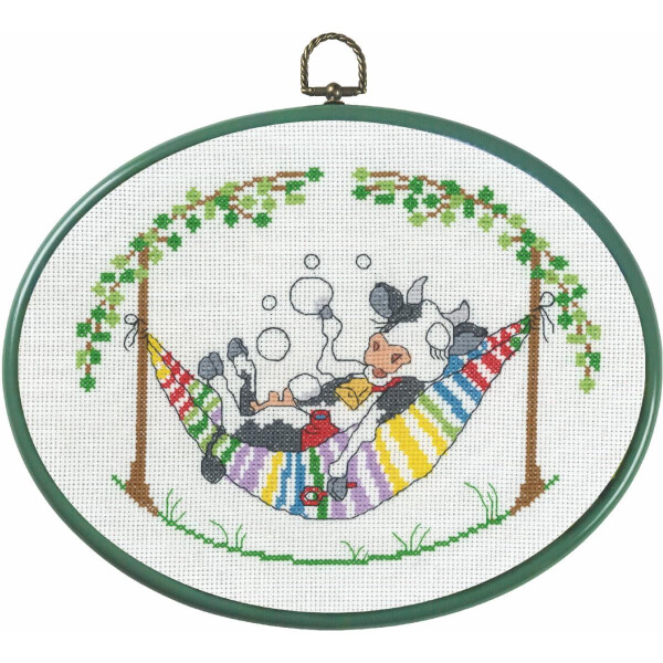 Permin counted cross stitch kit with hoop "Cow in hammock", 20x26cm, DIY, 92-6850