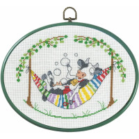 Permin counted cross stitch kit with hoop "Cow in hammock", 20x26cm, DIY, 92-6850