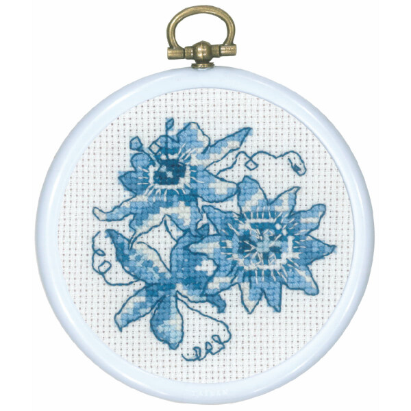 Permin counted cross stitch kit with hoop "Blue passiflora", Diam. 8 cm, DIY, 13-0841