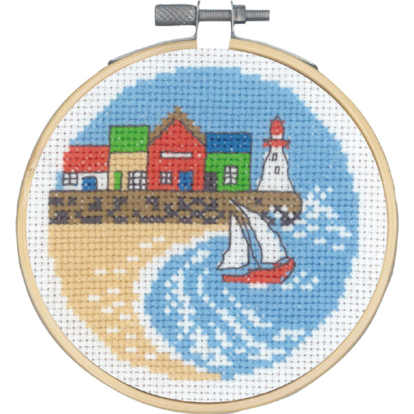 Permin counted cross stitch kit with hoop "Houses harbour", Diam. 10 cm, DIY, 13-1420
