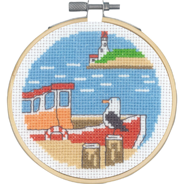 Permin counted cross stitch kit with hoop "Boat mill", Diam. 10 cm, DIY, 13-1422