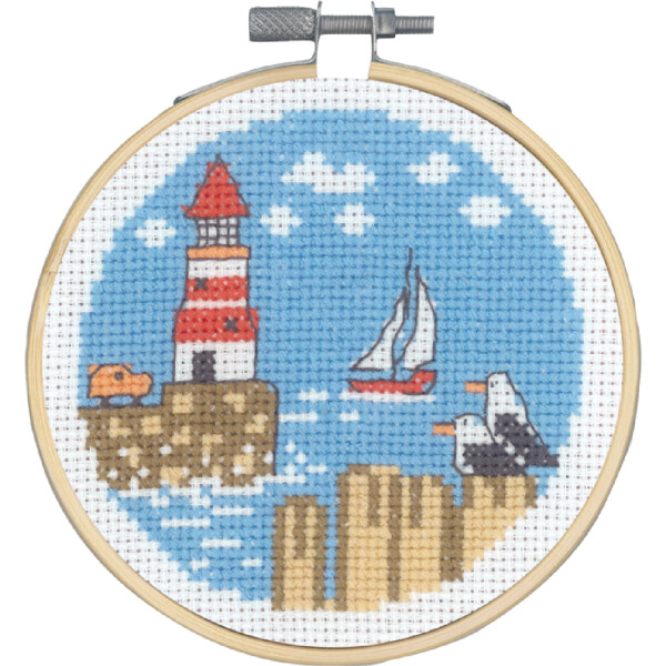 Permin counted cross stitch kit with hoop "Lighthouse", Diam. 10 cm, DIY, 13-1423