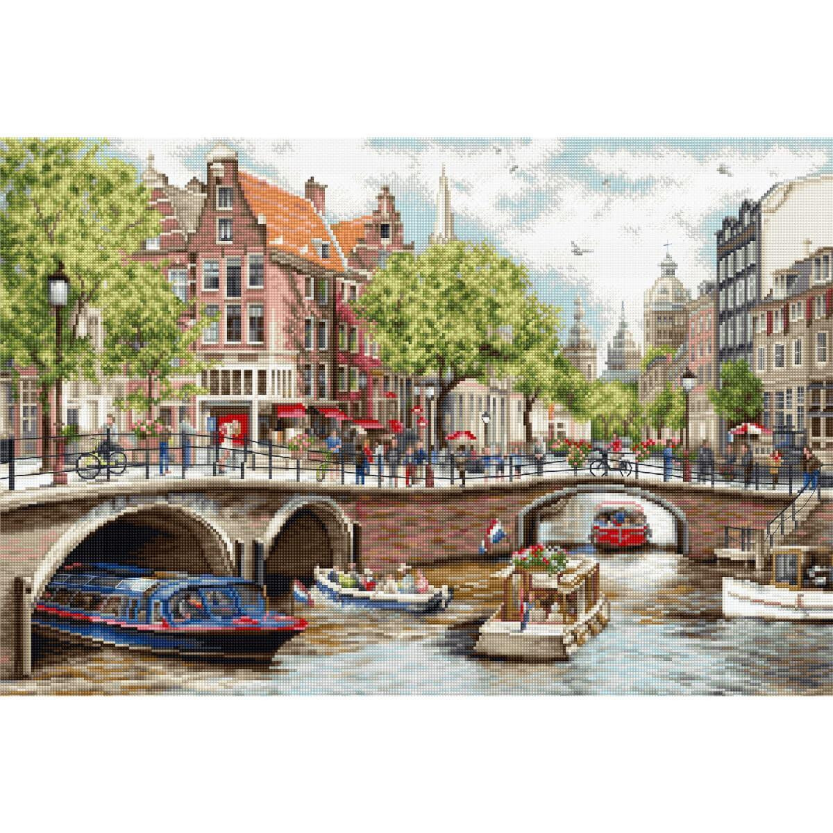 A lively canal scene in Amsterdam shows picturesque...