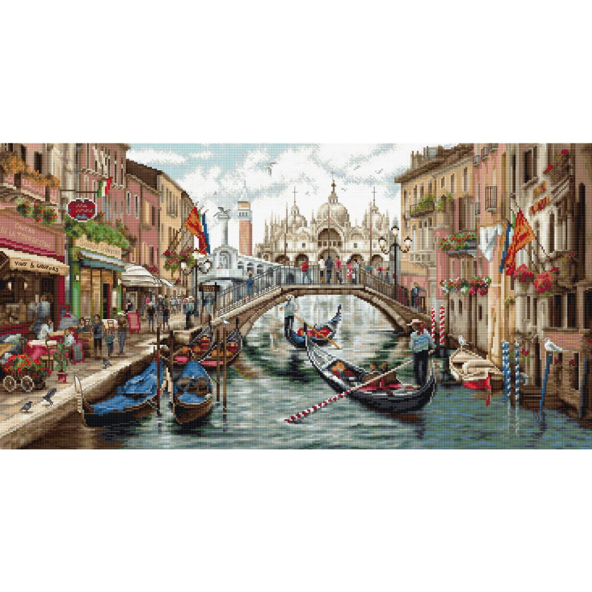 Unaffollata scena di canale a Venezia mostra gondole che...
