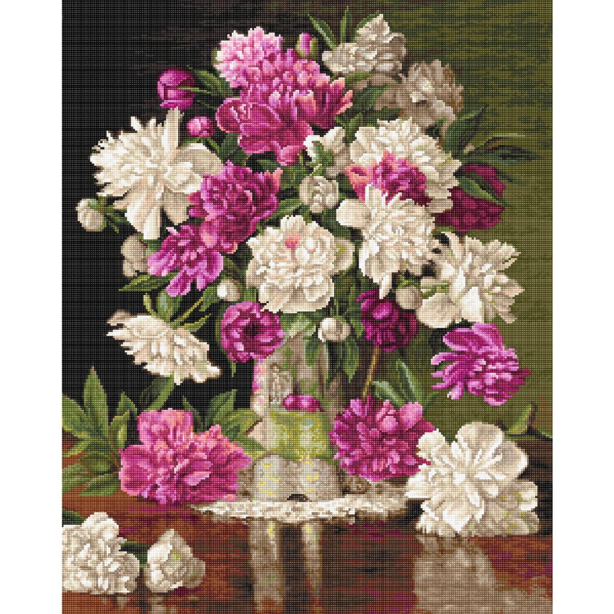 A colorful bouquet of pink and white peonies is arranged...