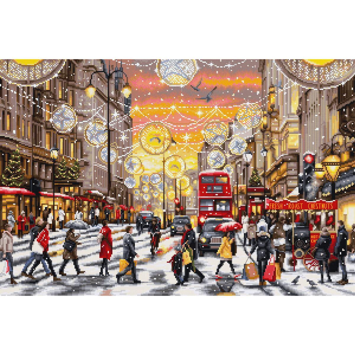 A busy city street in winter with people crossing a...