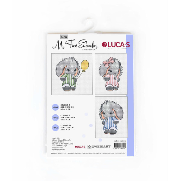 Das Bild zeigt ein Kreuzstichset mit dem Titel „Stickpackung“ von Luca-s. Dieses bezaubernde Stickset enthält zwei Elefantenmotive: Einer hält einen gelben Ballon und trägt einen Overall, der andere läuft mit einer rosa Schleife und einem Kleid. Das Paket enthält Details zu den Garnfarben und den mitgelieferten Materialien.