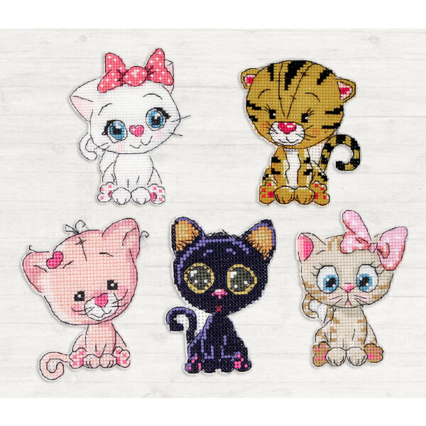 Five cross stitch patterns with cartoon kittens are shown. Each kitten is seated and has colorful patterns and big eyes. The top row features a white kitten with a pink bow and a kitten with tiger stripes. The bottom row features a light pink kitten, a dark purple kitten and a light brown kitten with a pink bow - a delightful Luca-s embroidery pack for any embroidery lover.