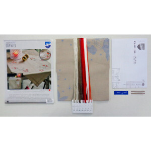 Vervaco stamped cross stitch kit tablechloth "Schneehase und Dompfaff", 80x80cm, DIY