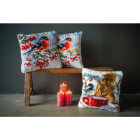 Vervaco stamped cross stitch kit cushion "Dompfaff im Winter", 40x40cm, DIY