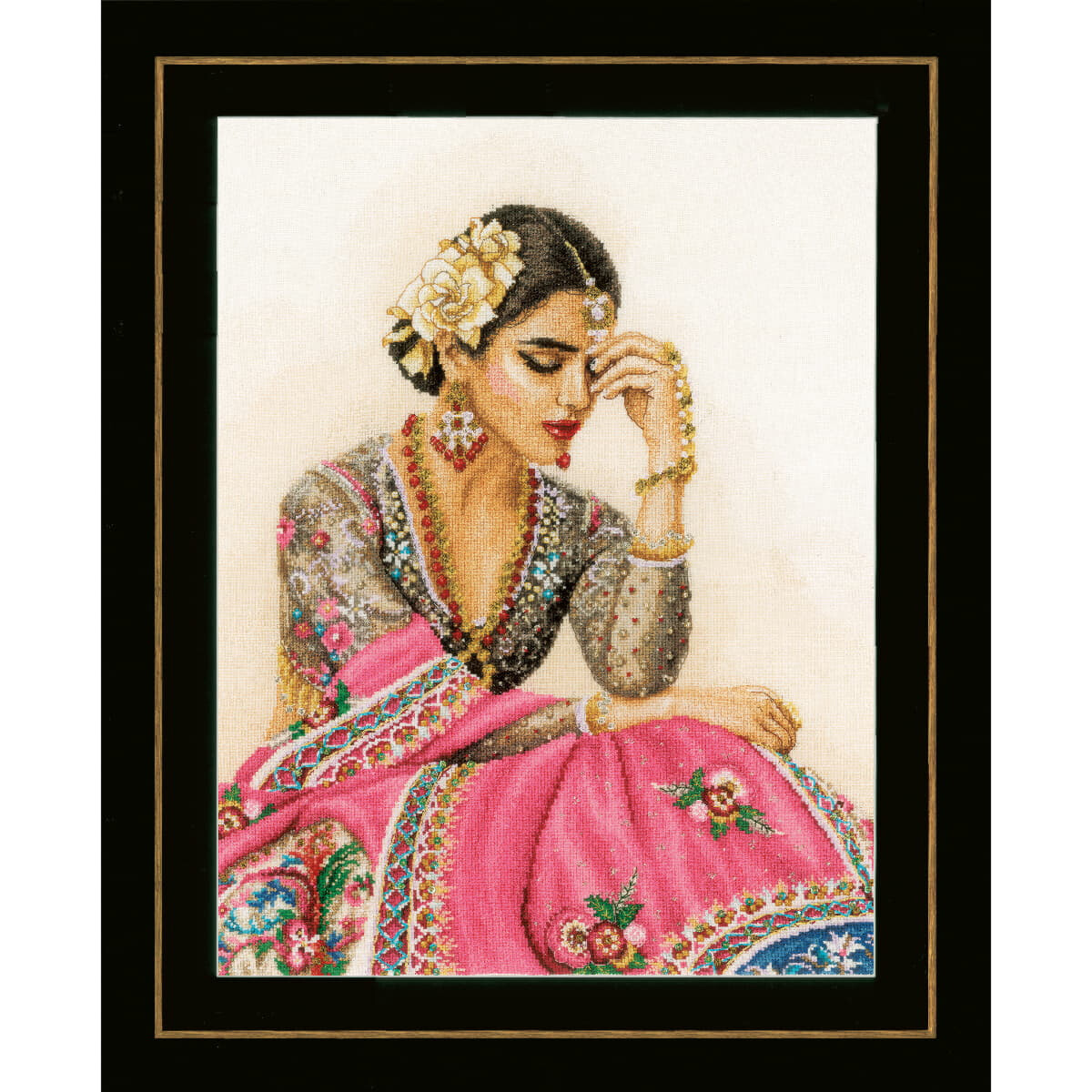 A painting of a woman in traditional, colorful clothing...