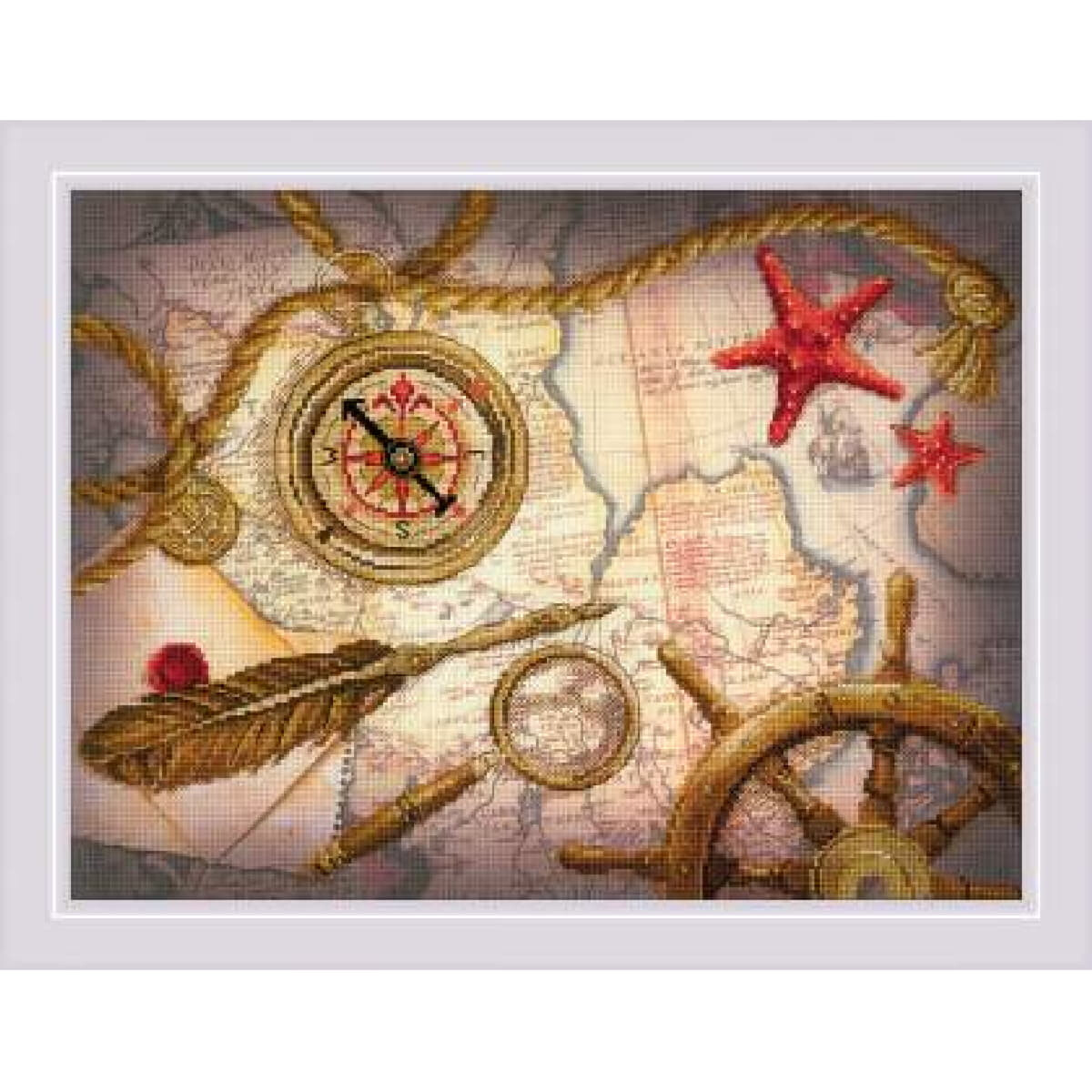 Framed image decorated in antique nautical style: map,...