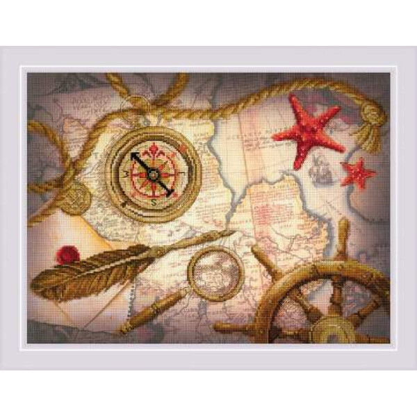Framed image decorated in antique nautical style: map, antique compass, magnifying glass, ships helm, rope, starfish and feather quill. The items are artistically designed to evoke a sense of exploration and adventure. This is beautifully illustrated in the embroidery kit from Riolis.