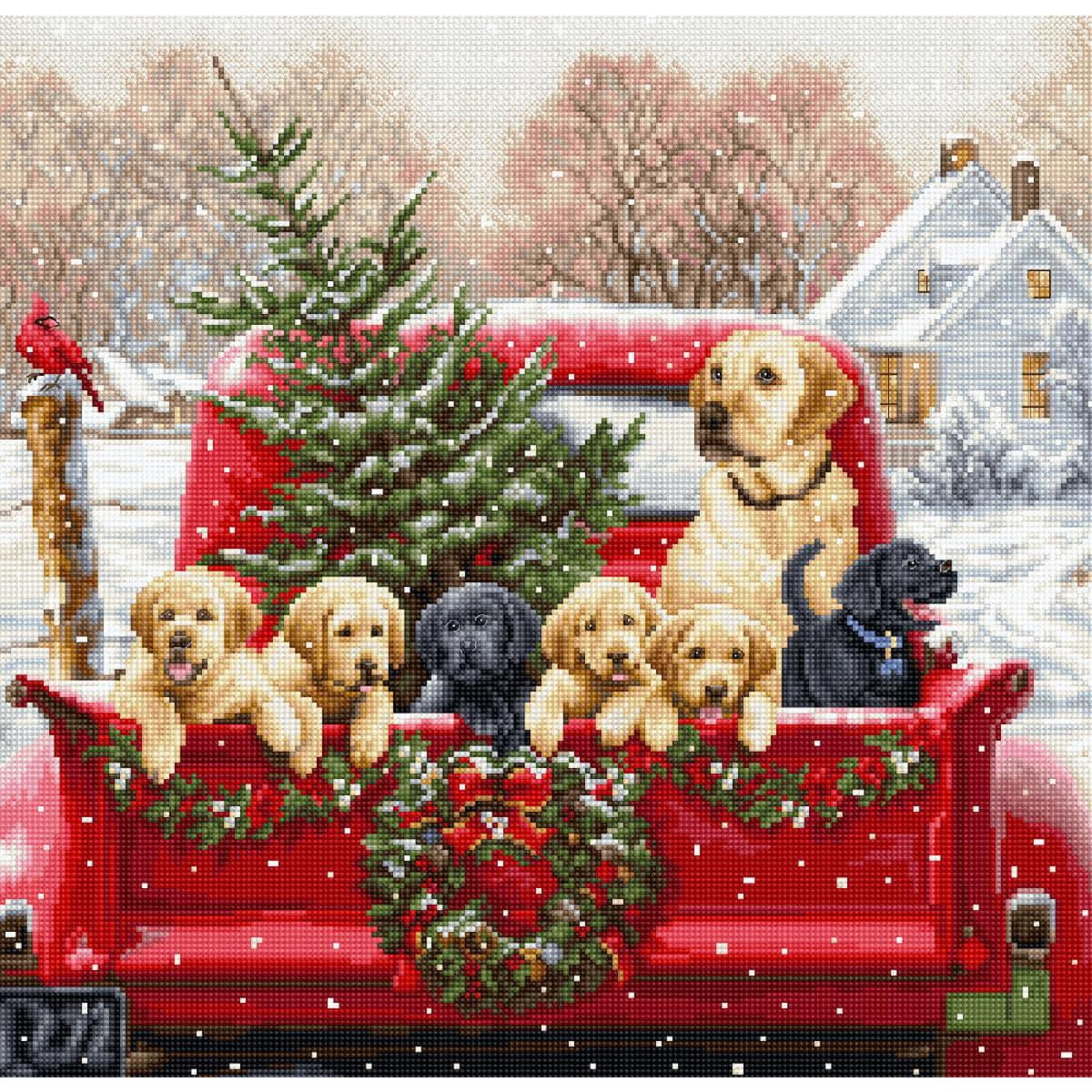 Een feestelijk winterlandschap toont zes puppies achterop...