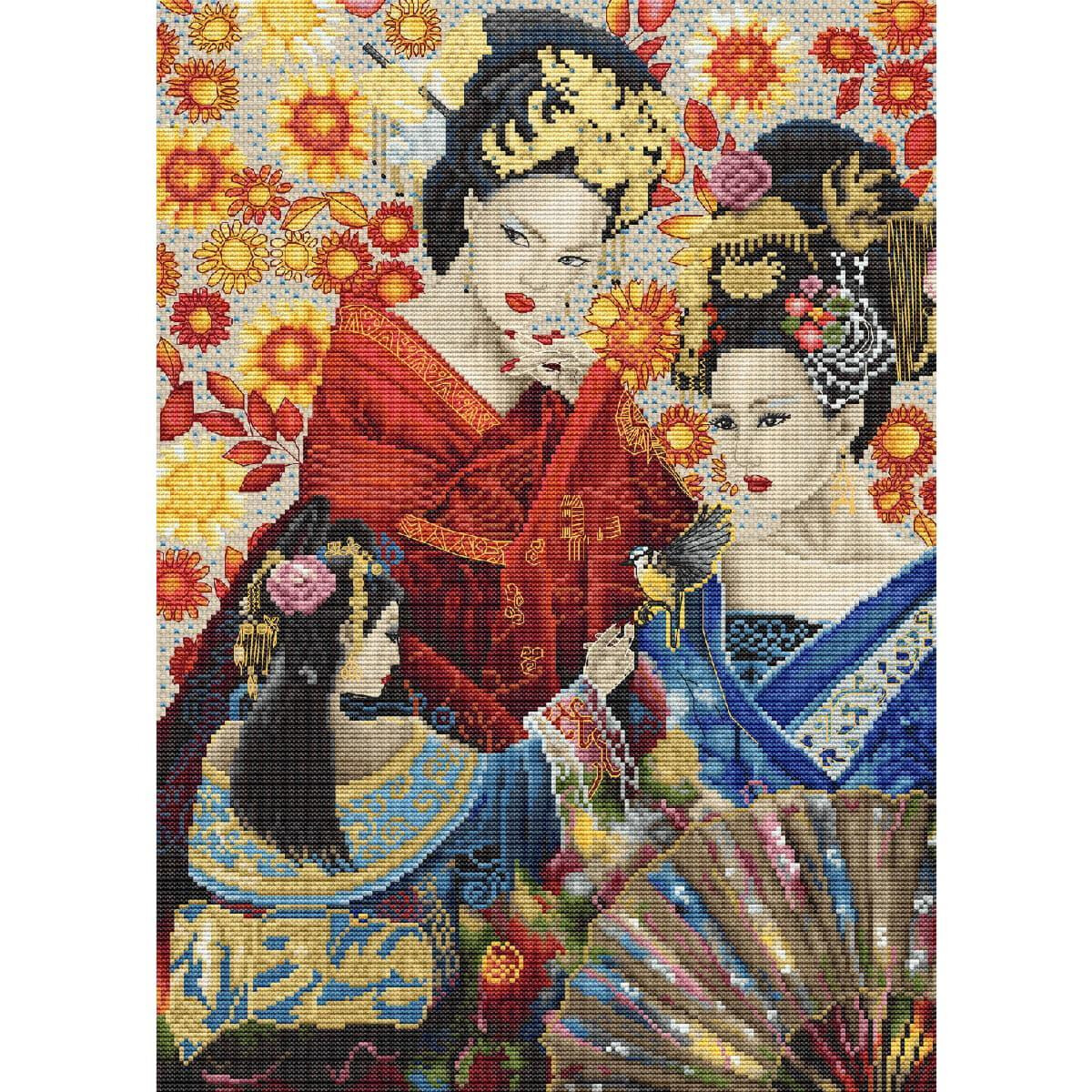 A colorful embroidered picture shows three women in...