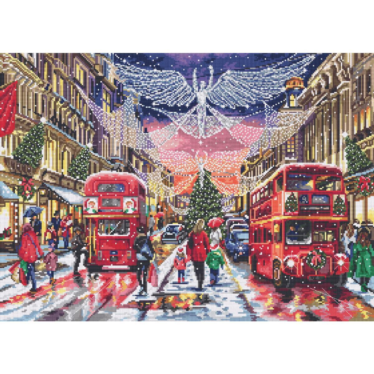 A festive street scene shows two iconic red double-decker...