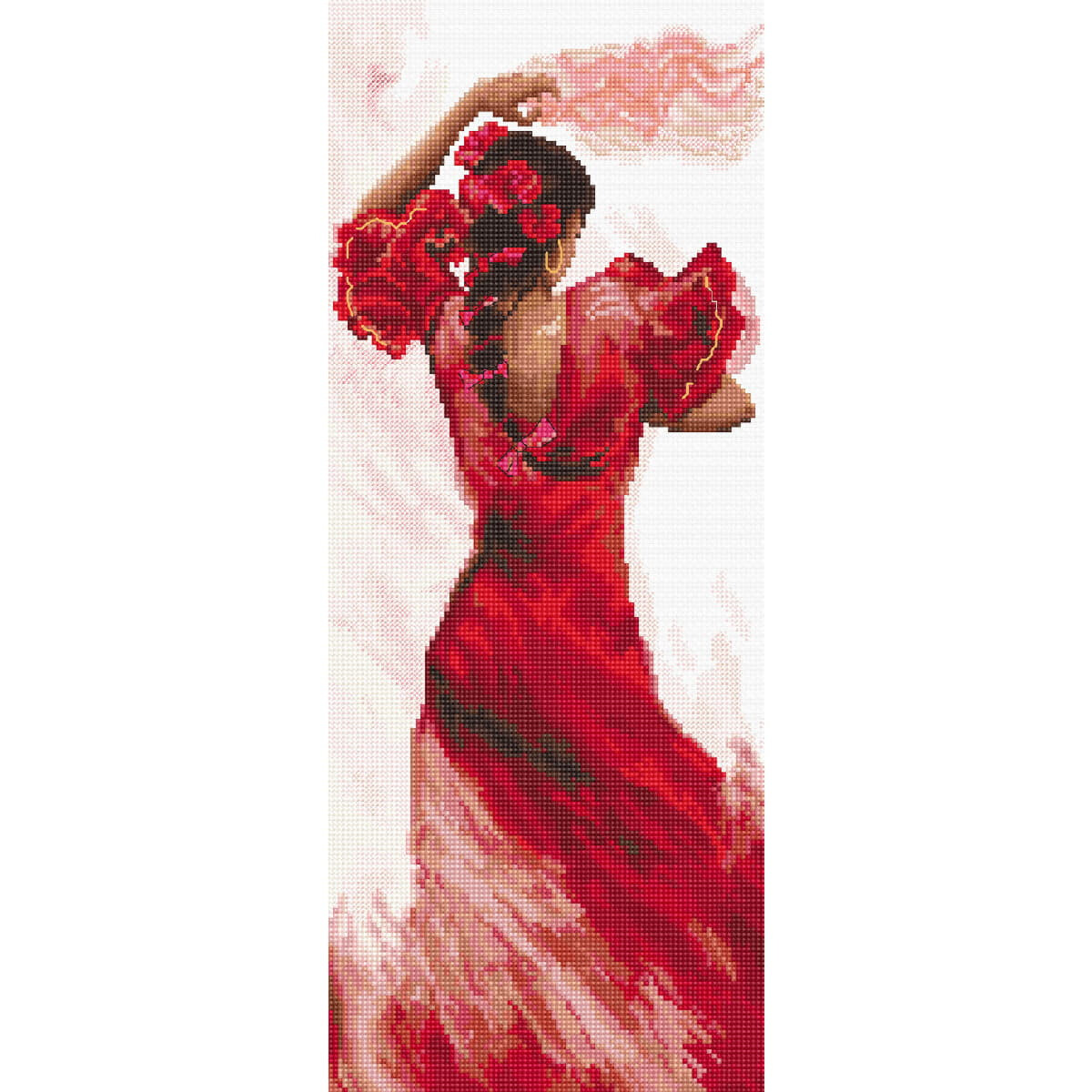 Een achteraanzicht van een flamencodanseres in een rode...
