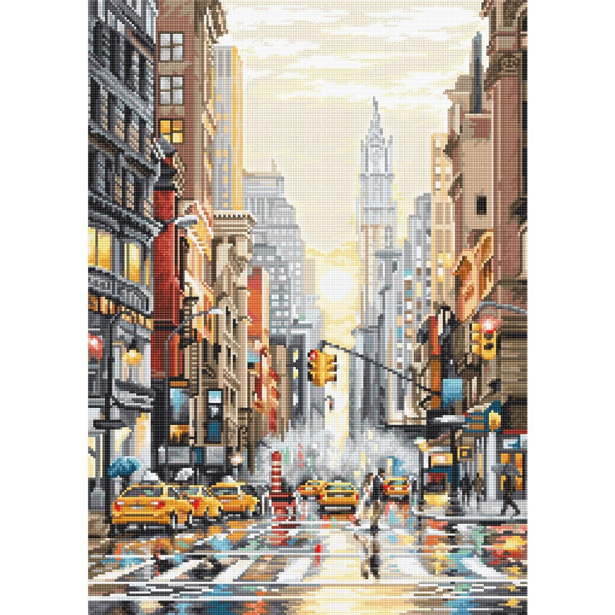 A colorful digital painting of a busy city street with...