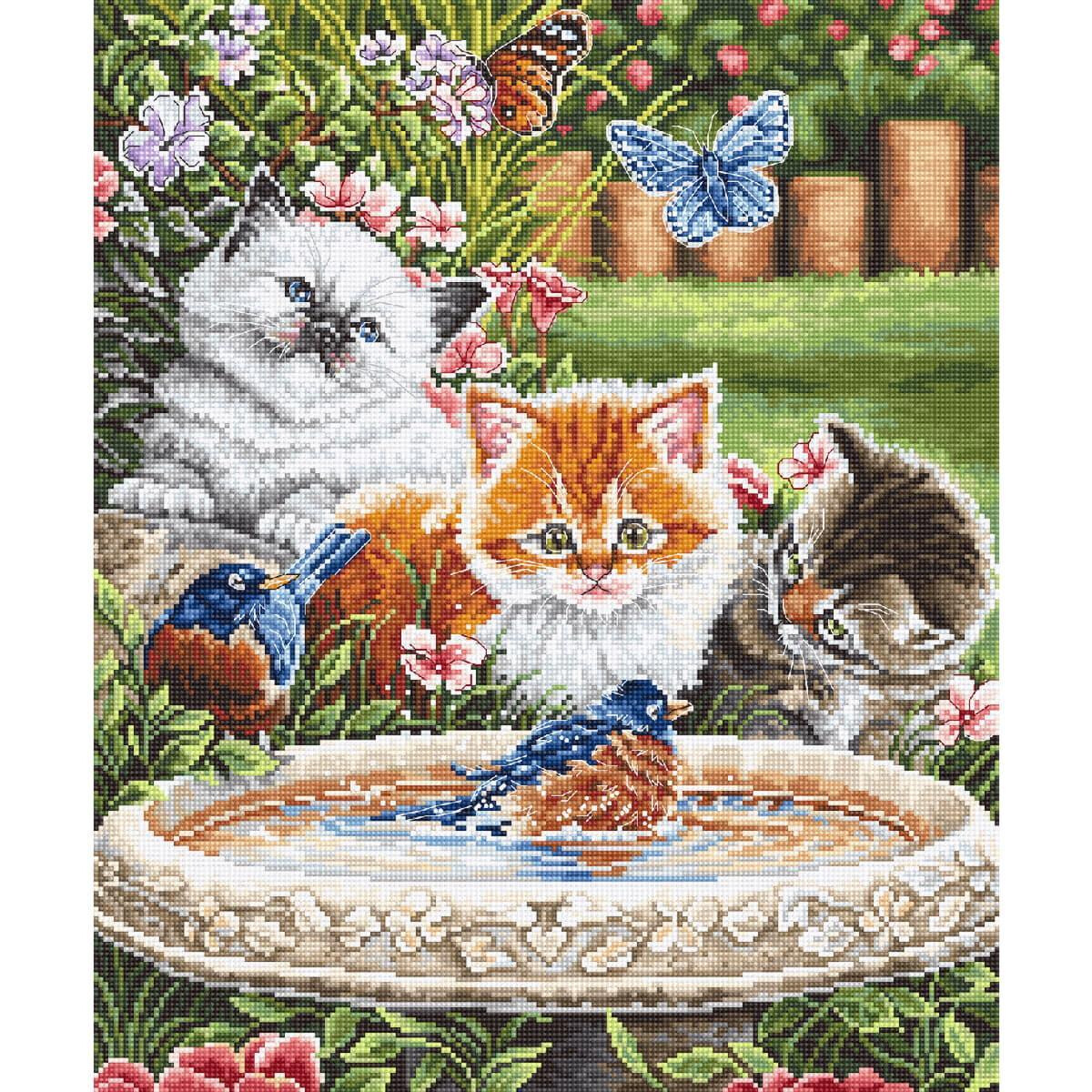 A vibrant image of three kittens in a lush garden...