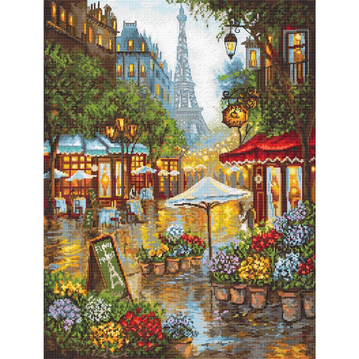 A lively street scene shows a Parisian café next...