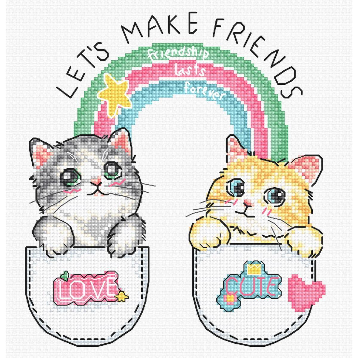 Cross stitch art with two cute cats in pockets under a...