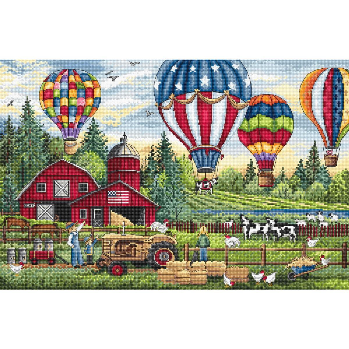 A lively landscape scene with colorful hot air balloons...