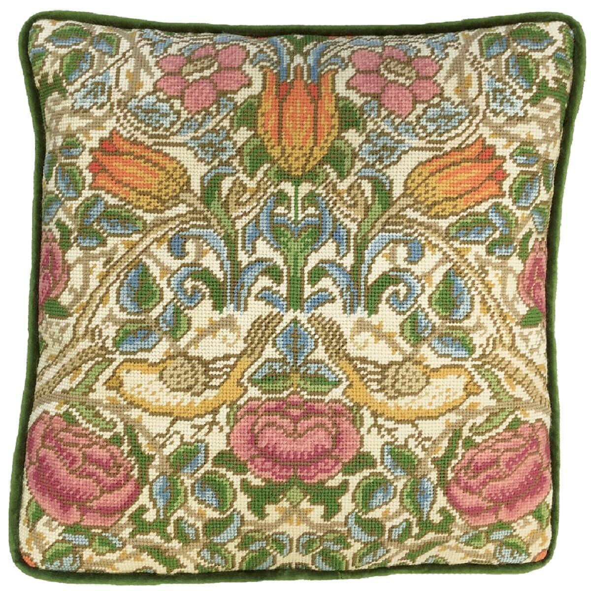 Square decorative cushion with elaborately embroidered...