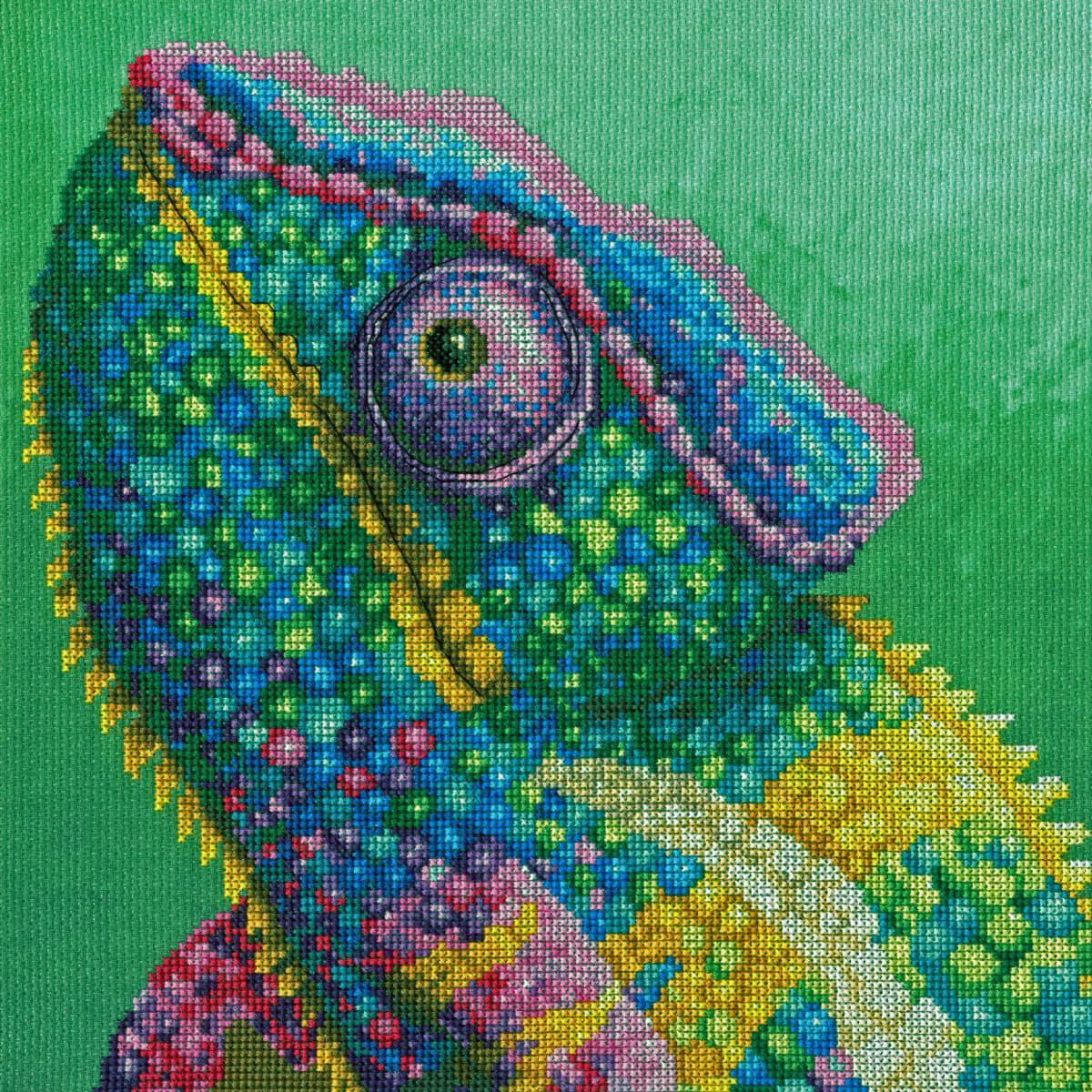 A close-up, colorful, pixelated image of a chameleons...