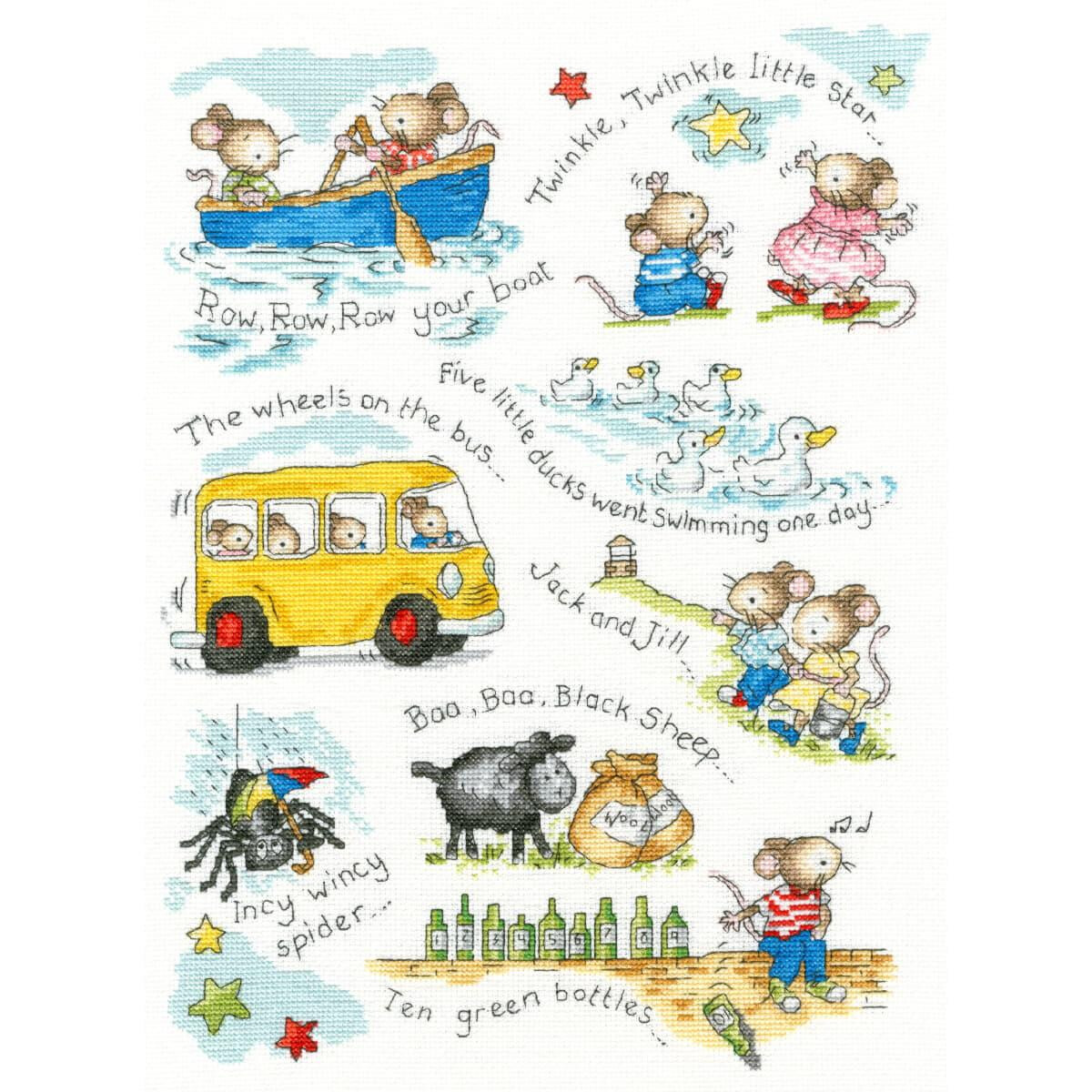 Illustration featuring scenes from classic nursery rhymes...