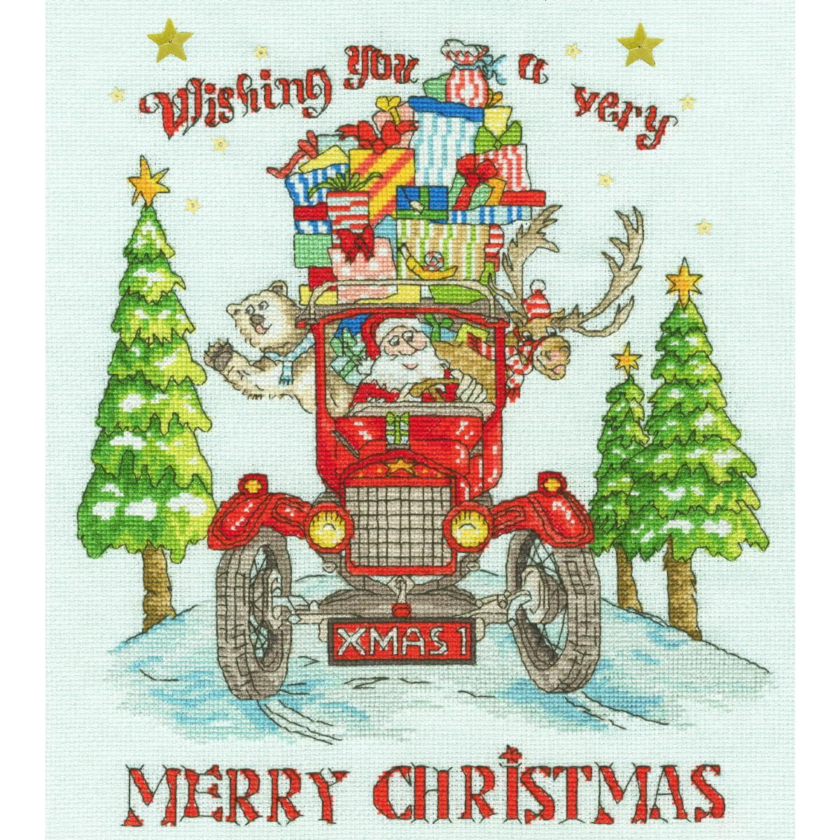 An illustration of Santa Claus driving a red vintage car...