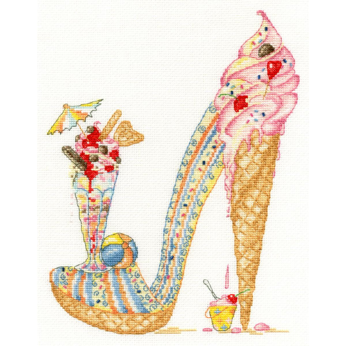 Cross stitch image of a high heel with an ice cream...