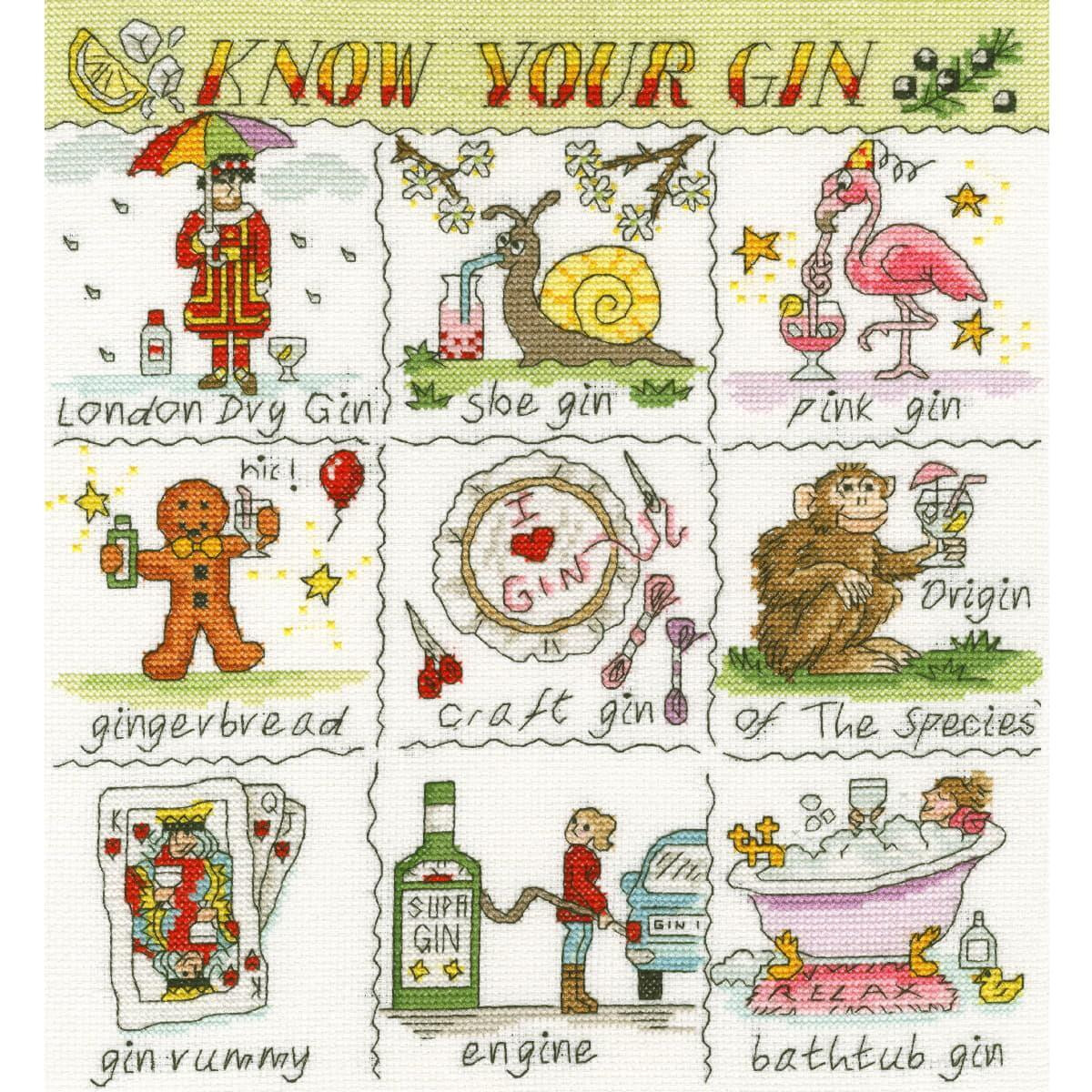 Un elaborado cuadro bordado titulado Know Your Gin...