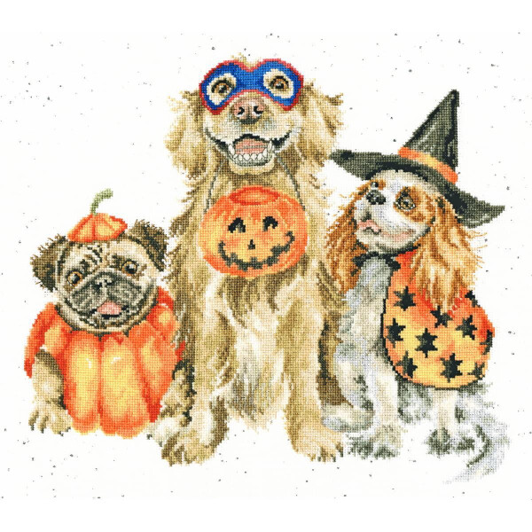 Three dogs in Halloween costumes sit together. The dog on the left, a pug, is wearing a pumpkin costume. The middle dog is wearing a blue and red superhero mask and holding a pumpkin. The dog on the right, a spaniel, is wearing a witchs hat and a cape decorated with stars reminiscent of intricate embroidery wrap patterns from Bothy Threads.
