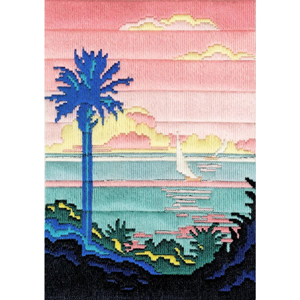A vibrant artwork depicts a tropical sunset with a...