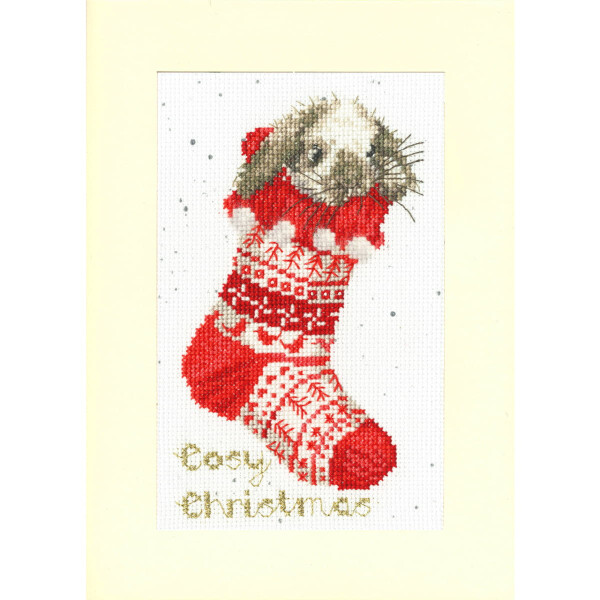 Eine Stickpackung (Bothy Threads) zeigt ein kleines braun-weißes Kaninchen, das in einem rot-weißen Weihnachtsstrumpf steckt, der mit komplizierten Mustern verziert ist. Der Hintergrund ist mit grauen Punkten übersät, die an Schnee erinnern. Der Satz „Cosy Christmas“ ist in Gold unten aufgenäht, wodurch ein bezauberndes Stickbild entsteht.