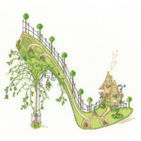Illustration of a whimsical high heel designed as an imaginative garden. The heel and arch are made up of green grass with paths and archways decorated with vines, leaves and intricate embroidery packing patterns. In the back is a small, cozy house with a chimney, and trees line the top of the shoe structure. This charming design is brought to you by Bothy Threads.
