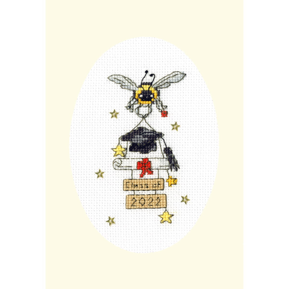 A cross stitch embroidery pack of a bee with graduation...